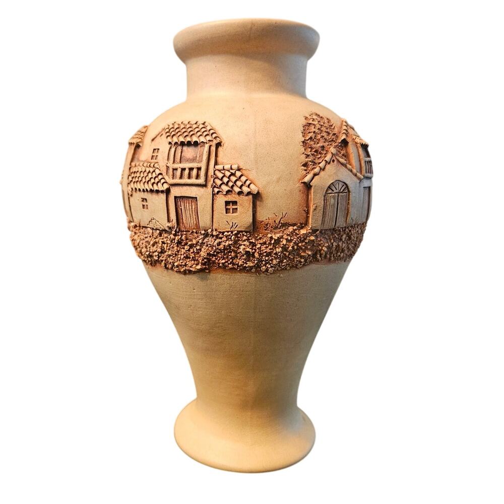 Vintage South American Folk Art Clay Vase 3D Carved Relief Village Scene 8.5
